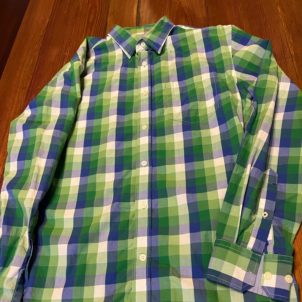 Banana Republic Men's Blue and Green Plaid Long Sleeve Shirt Medium